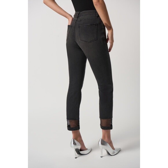 Joseph Ribkoff Women 22 Charcoal Grey Embellished FishNet Cuff Classic Slim Jean - Picture 4 of 15